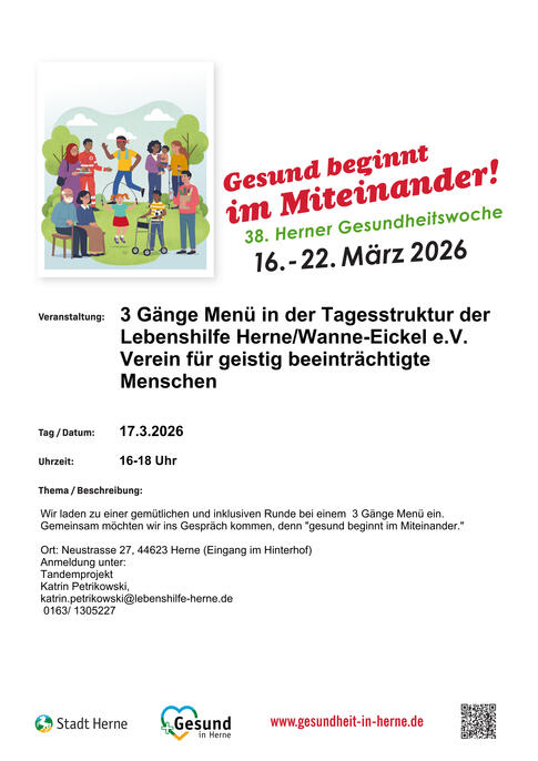 zu sehen ist das Plakat zur 38. Herner Gesundheitswoche mit den Infos und einem bunten Bild mit Menschen die sich bewegen oder zussammenstehen