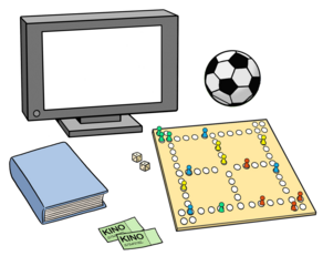 Ein Fernseher, ein Ball, ein Buch, ein Brettspiel