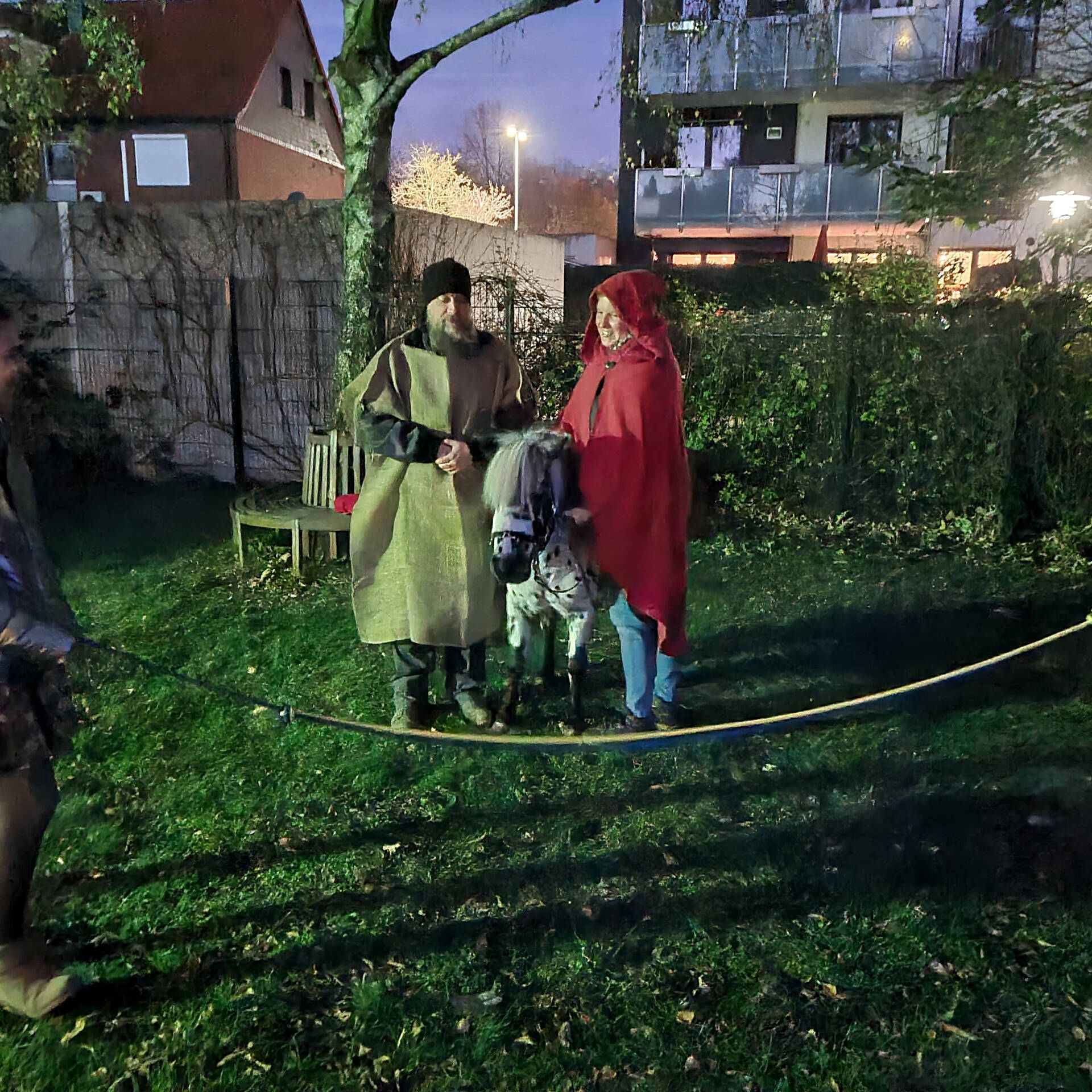 Mehrere Personen stehen auf einer Wiese. Zwei neben einem Pony.