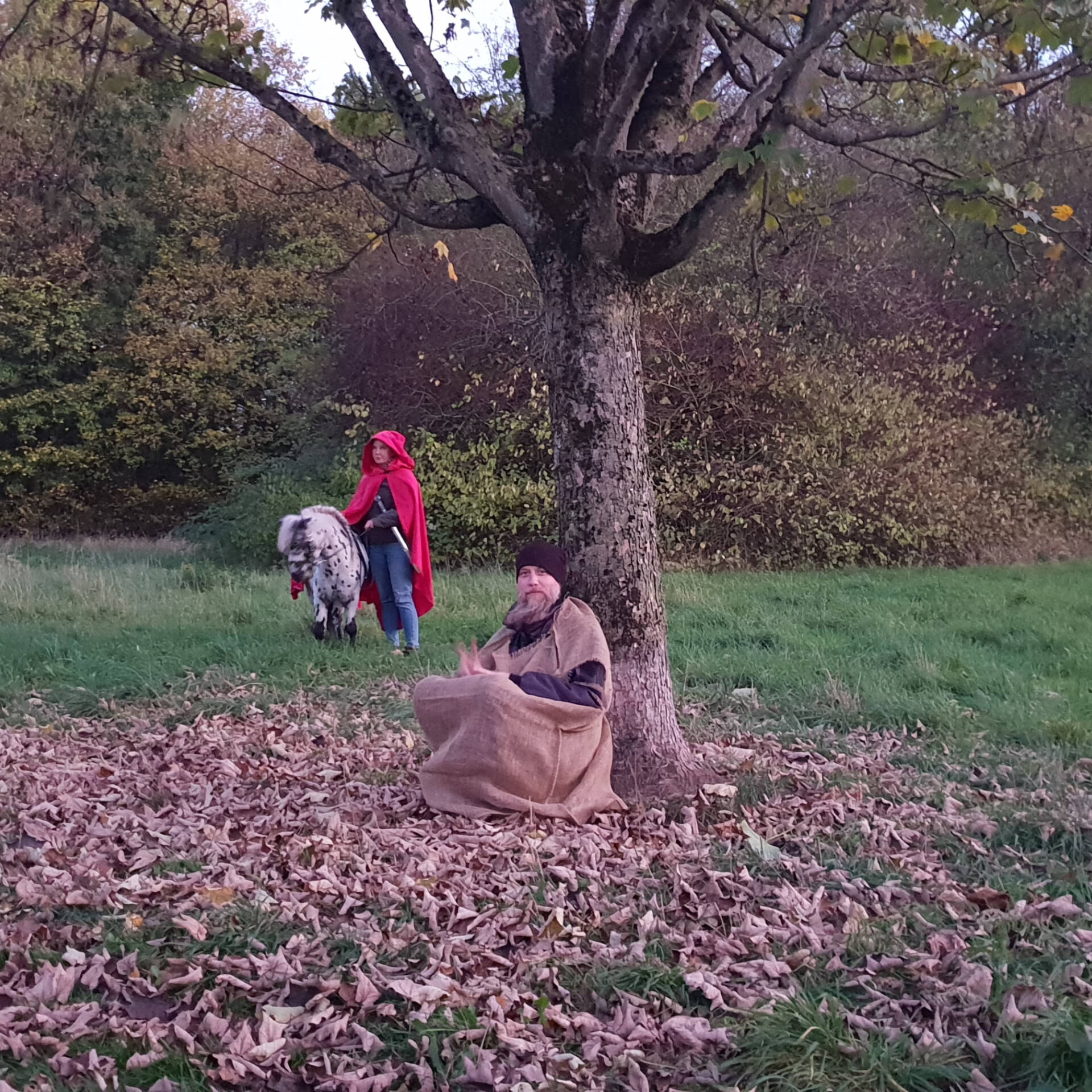 St. Martin kommt mit einem Pony und ein Bettler sitzt an einem Baum.