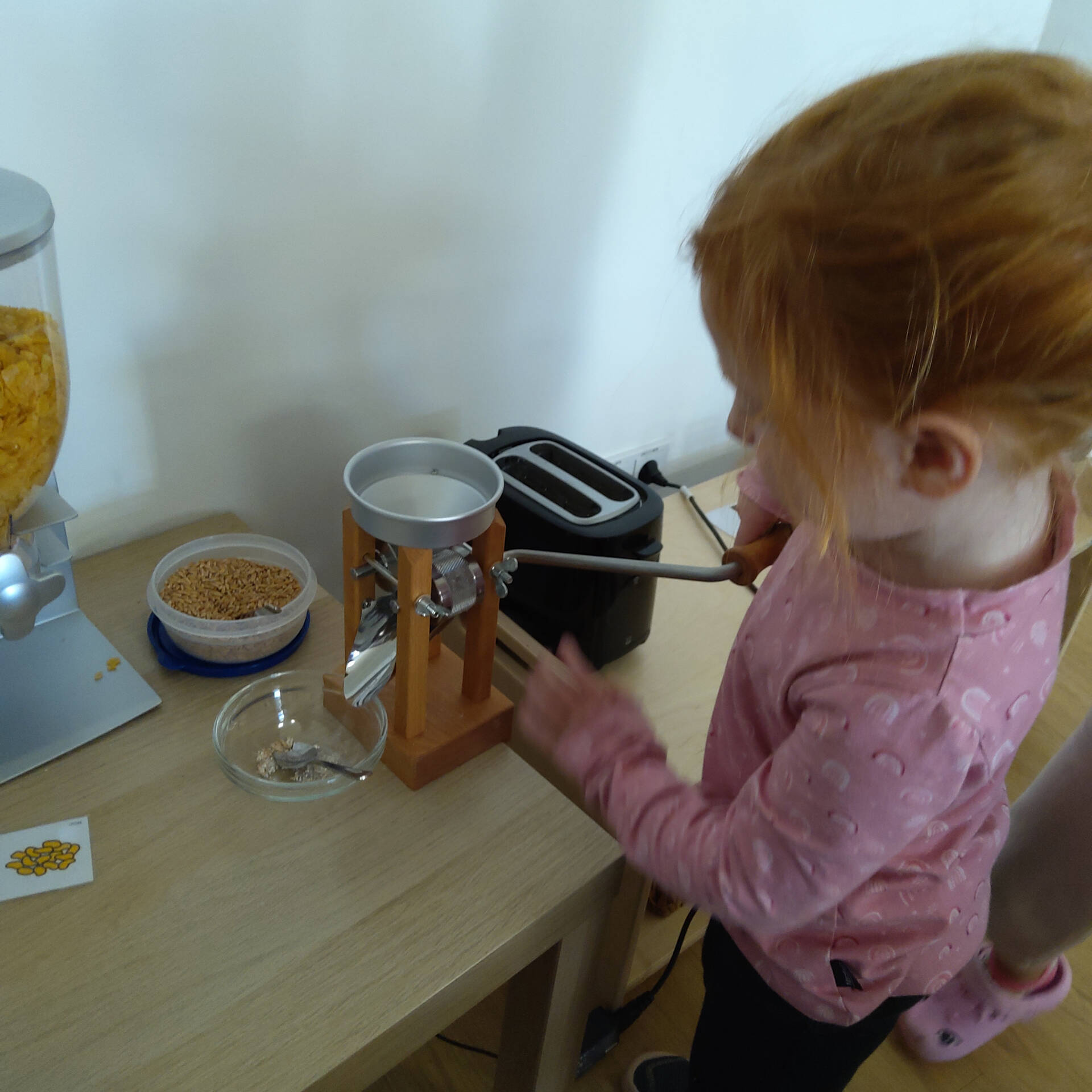 Ein Kind dreht an der Kornquetsche