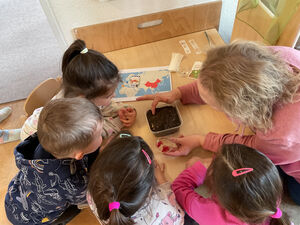 Kinder und eine erwaachsene Person geben etwas in Erde, die in einer Schale ist.