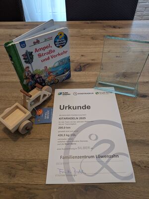 Urkunde, Bilderbuch, Holzspielzeug und gläserner Pokal
