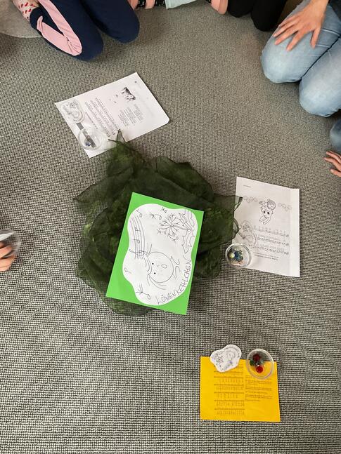 Ein Bild liegt auf einem Tuch und Noten daneben.