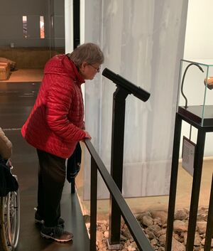 Eine Person schaut durch ein Fernrohr.