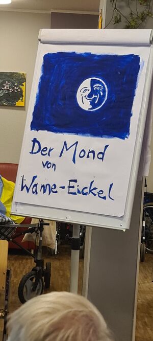 Ein Flipchart mit dem Text Der Mond von Wanne-Eickel