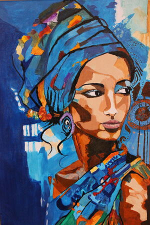 Eine Frau mit einem blauen Turban.